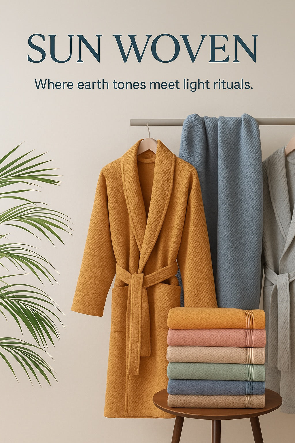 	Coastal-style cotton robe in soft tones from the Sun Woven Collection