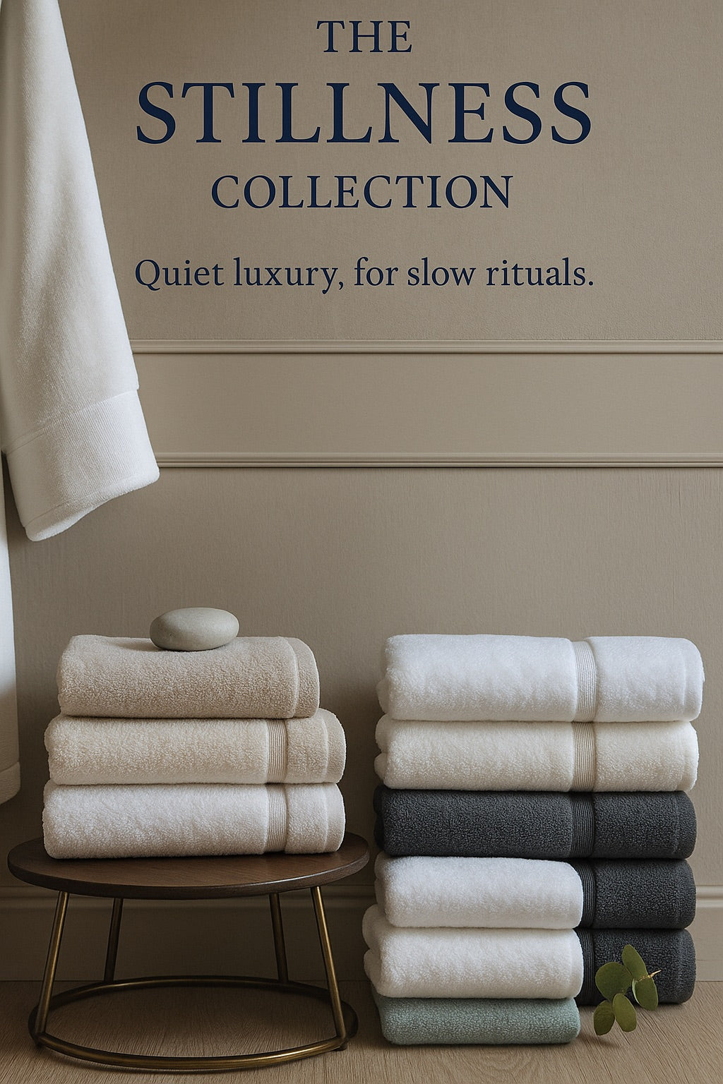 Luxury neutral cotton towels folded in minimalist bathroom from Stillness