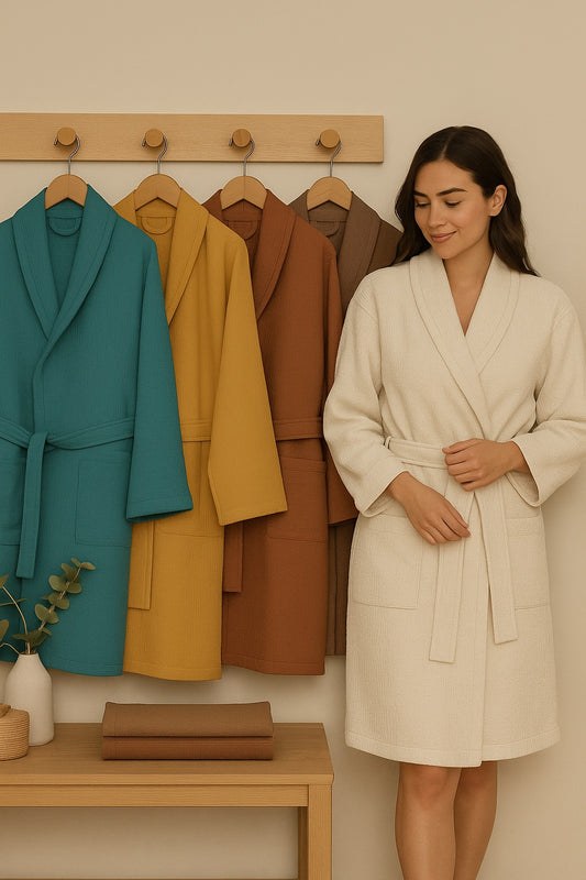 Organic waffle cotton robes in earthy tones from the Origin Collection