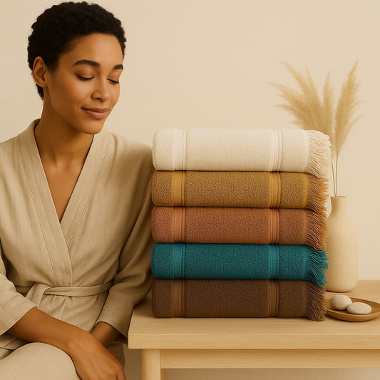 Waffle weave cotton towels in natural colors from the Origin Collection