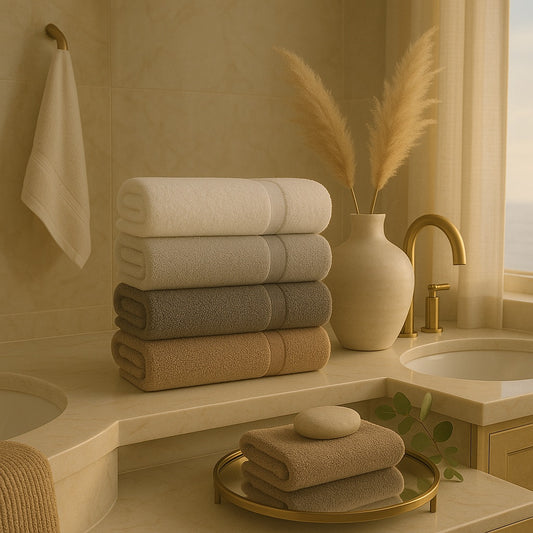 Combed cotton towels in soft neutral tones from the Stillness Collection