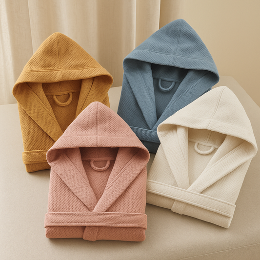 Cotton hooded robes in warm coastal tones from the Sun Woven Collection