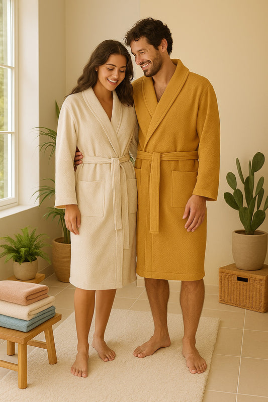 Cotton robes in warm coastal tones from the Sun Woven Collection