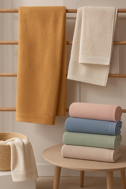 Soft cotton towels in sunlit earthy colors from the Sun Woven Collection